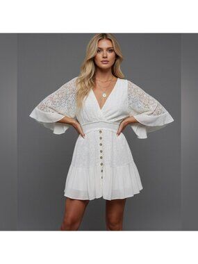 Boho Lace Batwing Sleeve Shirred Waist Dress